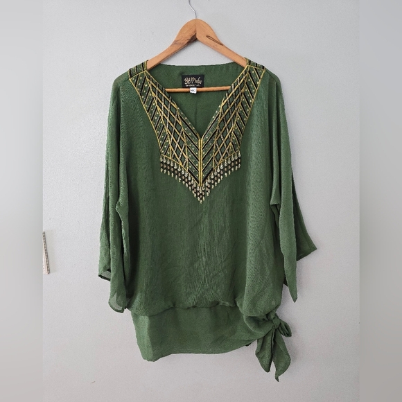 Bob Mackie Metallic and Embroidered Fringed Blouson Top Size Large Green Art - Picture 1 of 14